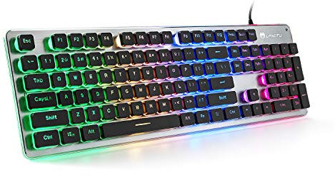 LANGTU Teclado para juegos de membrana, teclado silencioso retroiluminado LED colorido para estudio, panel todo de metal con cable USB de 25 teclas Teclado de computadora antifantasma 104 teclas L1