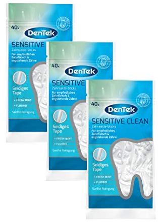 DenTek Sensitive Clean - 3 x 40 bastoncini di filo interdentale per gengive sensibili, denti stretti, pulizia dei denti interdentali, gusto menta, fluoride, stuzzicadenti