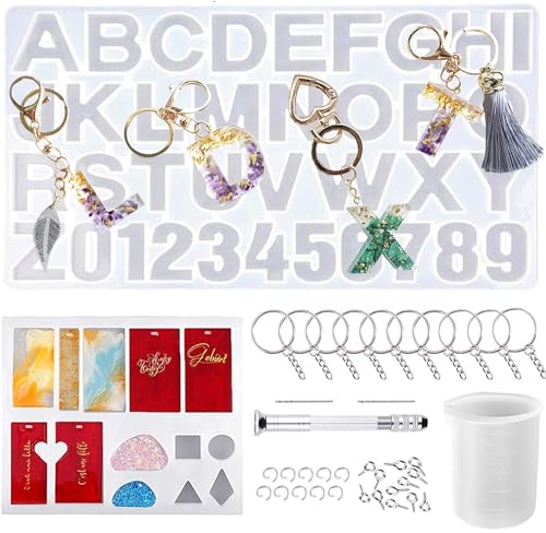 YAOYIN Epoxidharz Formen Resin Form - Silikonform Gießform 40 Stück DIY Harz Casting Formen Alphabet Silikon Schmucksache Herstellungs Form mit Silikon Tools Set mit Screw Eye Pins Dropper