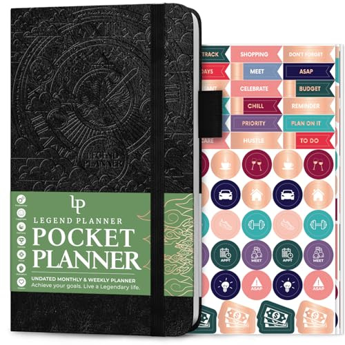 Legendplanerarficka – liten månads- och veckodagbok och kalender för produktivitet, mini livsorganiseringsplanerare perfekt för handväska, storlek: 8,9 cm x 15,7 cm inbunden, odaterad – svart