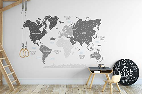 Osomhome - Wandtattoo Weltkarte Kinder - *Deutsch* [120x80cm] Pastellfarben Grau | Wandtattoo Kinderzimmer Junge & Mädchen, Wandsticker Kinderzimmer Jungen | World Map Wall Decoration | os5026