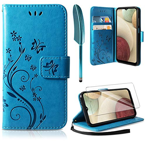 AROYI Lederhülle Kompatibel mit Samsung Galaxy A12 / M12 Hülle und Schutzfolie, Flip Wallet Handyhülle PU Leder Tasche Case Kartensteckplätzen Schutzhülle Kompatibel mit Samsung Galaxy A12 (Blau)