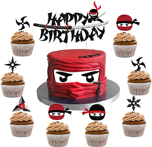 25 Stück Anime Ninja Thema Happy Birthday Cake Topper-Set mit Cupcake Topper Ninja Warriors Fighters Karate Themed Kung Fu Martial Arts Cupcake Picks für Jungen Geburtstagsparty