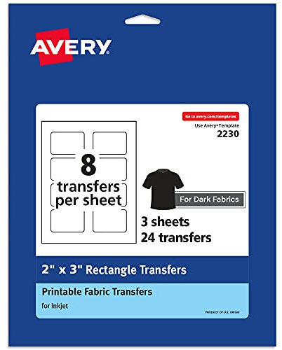 Avery Transferpapier dunkel für T-Shirts, 5,1 x 7,6 cm, vorgestanzt, rechteckig, zum Aufbügeln, 3 Bögen Wärmetransferpapier, insgesamt 24 Stück (02230)