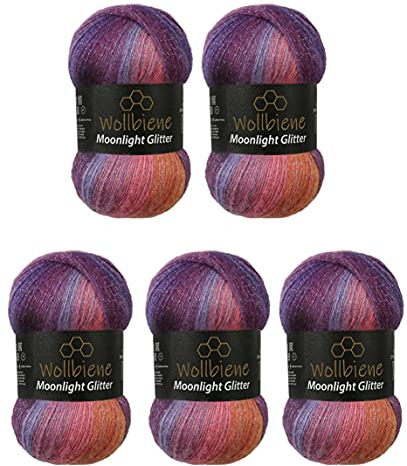 Moonlight Glitter Batik Simli 5 x 100g Strickwolle 500 Gramm Wolle zum Stricken und Häkeln 20% Wolle Metallic-Wolle türkische Wolle Farbverlaufswolle Glitzerwolle (5600 lila beere orange)
