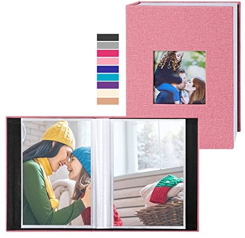 Benjia Small Photo Album 6x4 2 Packs, Each Pack holds 50 Pockets, Slip in Mini Linen Top Loading Photo Albums Holds Portrait Only 10x15cm Picture Pink