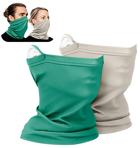 GOBEU Neck Gaiter, Snoods for Men, Women. New Hair Cap Ear Loops. Face Covering, Bandana for Cycling, Running. Antimicrobial, Washable, Multifunctional, 2 Pack (Grey, Green)