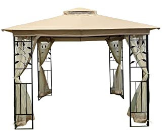 GardenKraft 10809 3m x 3m Double Top Patio Gazebo/Strong Rust-Resistant Metal Frame with Leaf Pattern/Water-Resistant Polyester Canopy/Sides Included/Mosquito Net Roof Lining/Beige Colour