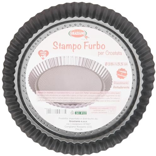 Graziano, Stampo Furbo per Crostata, Realizzato in Acciaio al Carbonio e Dotato di Rivestimento Antiaderente, Ideale per Realizzare Crostate Dolci e Salate, Colore Nero, ø 28 cm