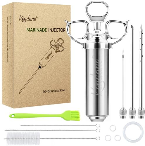 Kendane Fleischeinspritzspritze, 57 g, Marinadengeschmack, 304 Edelstahl mit 3 Marinadennadeln für Grill, Raucher, Brisket, Papier-Silikonbürste und Anleitung (evtl. nicht in deutscher Sprache)