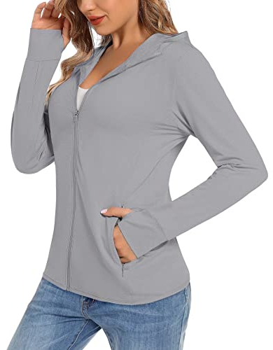TACVASEN Sportjacke Damen UV Shirt mit Kapuze Schnelltrocknend Laufshirt Langarm Sun Hoody Wandershirt Outdoor (L, Hellgrau)