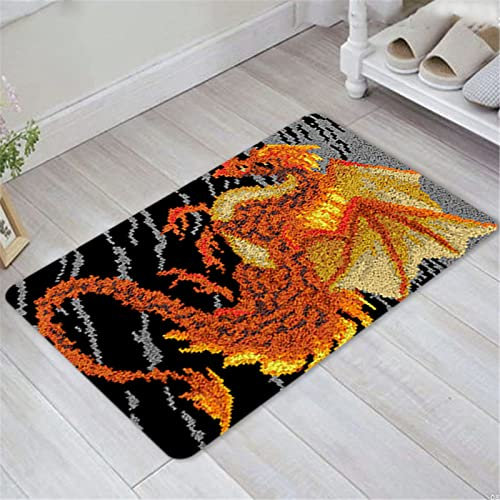 VIONNPPT Drache Serie Knüpfteppich Set Teppiche Knüpfen Kreuzstich Set für Kinder und Erwachsene, DIY Handgefertigt Knüpfset Latch Hook Rug Making Kit (Orange,50cmx38cm)