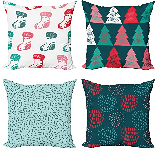 ABAKUHAUS Weihnachten Dekokissen Kissenbezug 4er Pack, Strumpf Xmas Tannenbäume Modern Accent Doppelseitiger Digitaldruck, 60 cm x 60 cm, Blassblau Dunkelgrün und Rosa