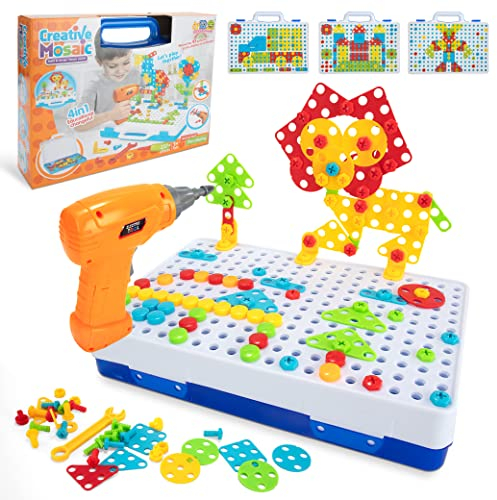 Juguetes Construcción Puzzles 3D Mosaicos para Niño Niña 3+ Años, 237 Piezas Montessori Juegos de Mesa con Taladro Eléctrico, Infantiles Educativos Bloques, Caja de Tornillo Herramientas Regalo