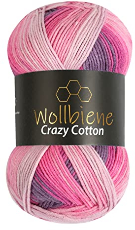 Wollbiene Crazy Cotton Batik 100 Gramm mit Farbverlauf 55% Baumwolle mehrfarbig Multicolor Strickwolle Häkelwolle Wolle Ganzjahreswolle (6040 beere lila rosa)