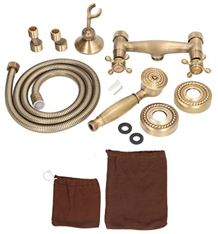 Kuuleyn Wall Mounted Exposed Bathroom Shower Faucet,Antique Brass Bathroom Shower Faucet,Rain Shower System Handheld Spray Shower Head Wall Mounted Cross Handle