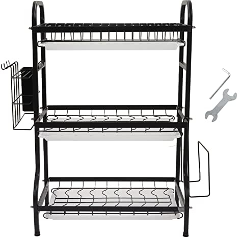 Escurridor de Platos de 3 Niveles para Mostrador de Cocina, Soporte para Secar Platos que Ahorra Espacio, Escurridor de Platos Compacto, Escurridor de Platos de Hierro Moderno, Escurridor de Platos de