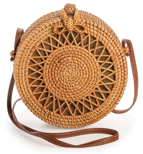 Okllen Sac rond en rotin pour femme, sac à bandoulière en paille tissée à la main de style bohème pour les vacances d'été, marron