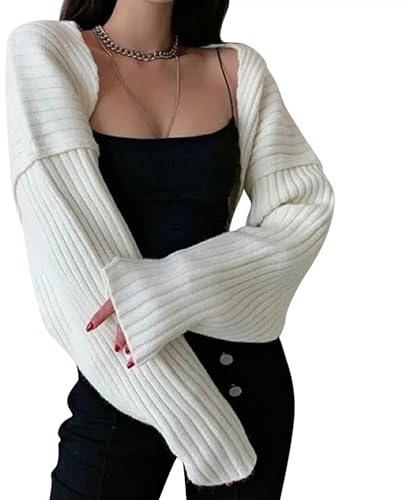Minetom Damen Strickbolero Langarm Strickjacke Festlich Bolero Strick Cardigan Kurzer Open Front Shrug Top Schulterjacke Kurz A Weiß S