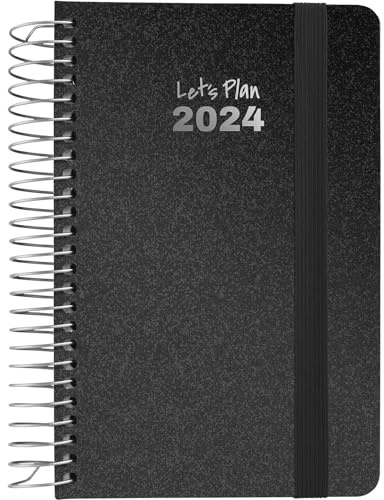 Grafoplás | Wochenansicht 2024 | Schwarz | A6 | Spanisch | Metallic-Serie | Spiralbindung | Hardcover mit Stoff ausgekleidet | elastischer Verschluss | Januar bis Dezember Jahr 24 | Perfekt zum