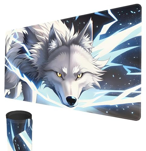 MTG Playmat, 24 x 14 TCG Game Play Mat Stitched Edges Trading Card Game Playmats with Storage Bag Smooth Rubber Surface Battle Game Mat (White Wolf)