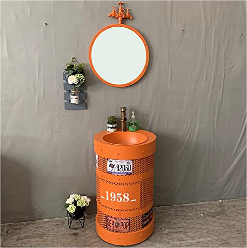 Lavabo da Bagno Artistico con piedistallo Completo, Mobile da lavabo in Stile Industriale con lavabo, Mobile da Bagno da Terra sotto Il lavandino (Arancio con Specchio)