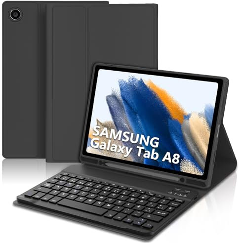 WAVATA Funda con Teclado para Samsung Galaxy Tab A8 10.5'', Teclado Bluetooth Desmontable con Portalápices - Español Ñ Teclado para Samsung Galaxy Tab A8 10.5 2021(SM-X200/X205/X207) - Negro