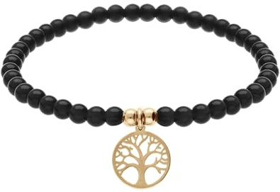 1001 Bijoux Bracelet acier et PVD doré extensible pierres naturelles 4mm agate noire avec Arbre de Vie + écrin (offert)