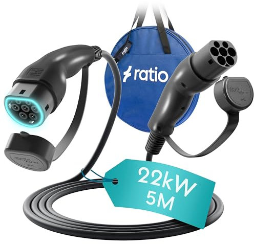 Ratio Typ 2 Ladekabel 22kW 5M 32A 3 Phasig 5 Meter Modus 3 Typ 2 auf Typ 2 EV Ladekabel für Elektroauto mit Tragetasche für Model S/X/Y/3 e-Golf ID.3 i3 i8 und Mehr