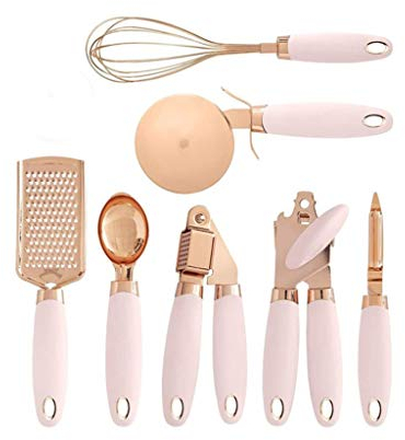 ArinkO 7-Piece Copper Coated Stainless Steel Kitchen Utensil Set with Soft Touch Handles - Shovel, Spoon, Garlic Press, Whisk, Cheese Grater, and More (Copper Color)