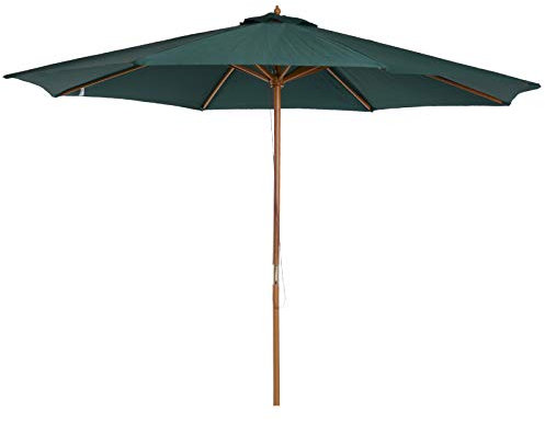 Outsunny 3(m) Garden Parasol, Pulley Operated Patio Umbrella, Wooden Parasol, Table Market Umbrella with Rope Pulley Mechanism and 8 Ribs, Dark Green