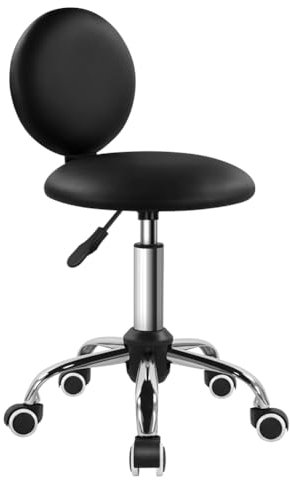 FURWOO Runder Rollhocker mit Rückenlehne Arbeitshocker aus PU-Leder auf Rädern Schönheitsstuhl mit Rädern Drehhocker für Barbershop (Schwarz)