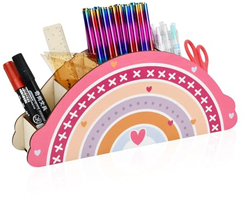 PTJJXA Porte-Crayon Coloré pour Enfants, Pot à Crayons Arc-En-Ciel en Bois, Papeterie Porte-Stylo avec 5 Compartiments, Pot à Crayons Créatif pour Maison, Bureau, Rangement