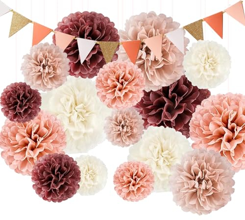 TREABEAR 26Pcs Decoration Mariage Set, Pompon Papier de Soie, Deco Anniversaire Fleurs en Papier, Decoration Bapteme, Decoration Anniversaire Rose, Decoration Communion, Fanion, Deco Mariage Champetre