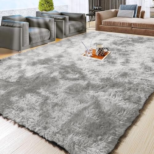 Aspire Homeware Rugs Living Room Large 200x290 cm - Tie-Dye Light Grey Area Rugs for Bedroom Anti Slip - Modern Super Soft Plush Carpets for Lounge – Fluffy Shaggy Bedside Large Rugs for Living Room