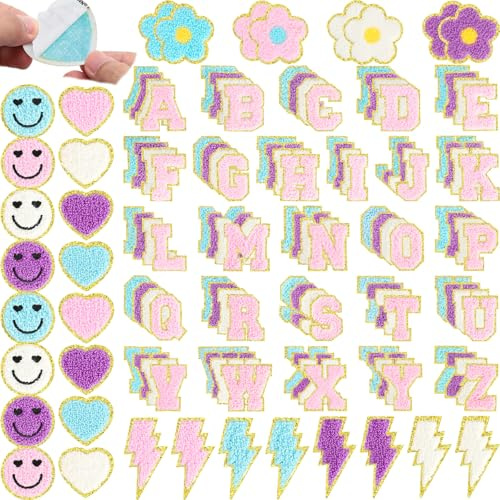 mancyz 136 Pcs Novel Style Chenille Patches for Clothing - Self Adhesive Rainbow Flower Face Love Heart Patches for Jeans Embroidered Applique