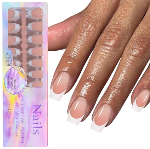 GZMAYUEN Press On Nails Square - 150Pcs French Tip False Nails, 3 IN 1 Soak Off Nude Short Nail Fake Tips for Gel Extensions in 15 Sizes