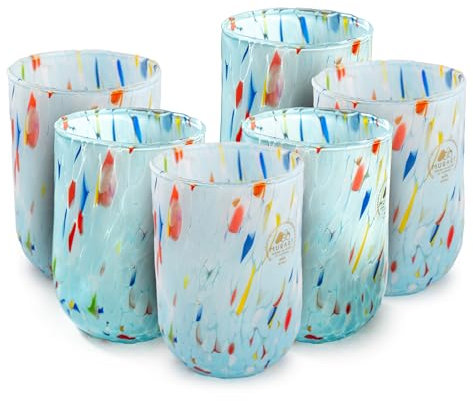 MurArt Vasos de Murano, juego de 6 vasos de 250 ml de vidrio soplado a mano de elaboración artesanal, colección Eleganza, Made in Italy (6, celeste)
