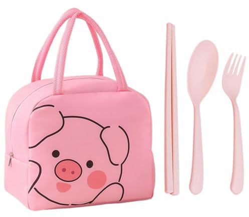 1 Bolsa De Almuerzo De Cerdo De Dibujos Animados Y Vajilla De 3 Piezas, Linda Bolsa De Almuerzo, Lonchera Portátil, Bolsa De Almuerzo Grande, Bolsa De Almuerzo Impermeable Y Aislada
