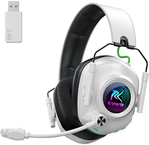 Krysenix KGH2 Casque Gaming sans Fil, 2,4 GHz Casque Gaming pour PS4, PS5, PC, Mac, Switch, Casque Bluetooth avec Microphone, Réduction du Bruit, éclairage LED, Blanc Noir