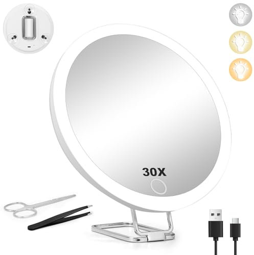 AXNSATRE Vergrößerungsspiegel mit Licht 30 Fach, Kosmetikspiegel mit Beleuchtung, 15cm Rund Schminkspiegel mit Beleuchtung Reise, 3 Farbe Beleuchtet Kosmetikspiegel mit licht, 360 ° Tisch Stand
