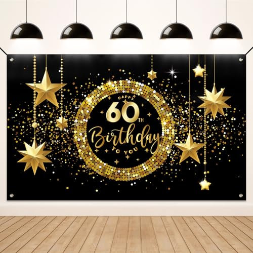 Koliphy 60. Geburtstagsbanner, 60. Happy Birthday Banner für Mann Frau, Schwarz Gold Stoff 60 Geburtstag Deko Hintergrund Party Dekoration Drinnen und Draußen