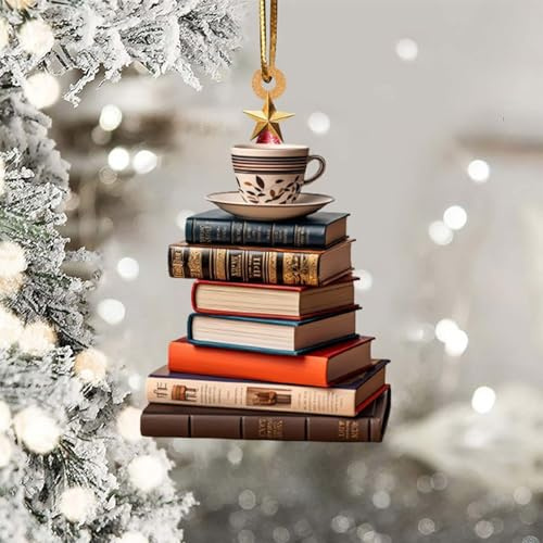Hunde-Weihnachtsschmuck, Bücherregal-Anhänger in Weihnachtsbaumform, hängende Weihnachtsornamente, Bücher gestapelt Ornament, Christbaumschmuck für Innen- und Außendekoration (B)