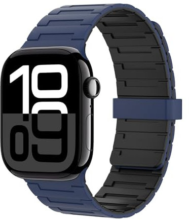 Astorgos Correa Magnética Compatible con Apple Watch Ultra 2/Ultra 49mm,S10 46mm,9/8/7 45mm,SE2/SE/6/5/4 44mm,3/2/1 42mm,Correa de Silicona Ajustable,Pulsera Deportiva, Azul Oscuro/Negro