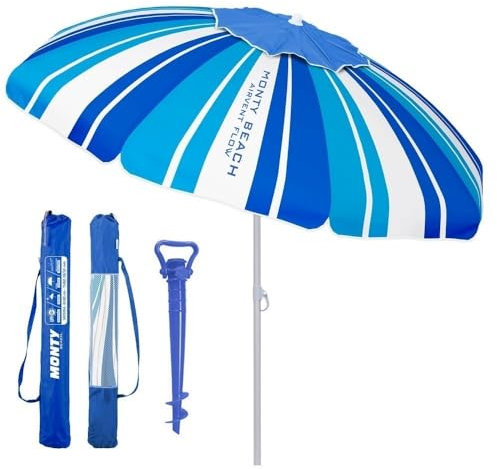 LOLAhome Sombrilla playa 220 cm y soporte arena, protección UV+50, sombrilla antiviento, varillas flexibles fibra vidrio, techo ventilación, mástil inclinable y regulable altura, bolsa transporte