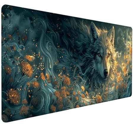Lobo Alfombrilla Ratón XXL 700x300mm, Impermeable Antideslizante Mouse Pad Blanco Diseño de Borde Cosido Alfombrilla Escritorio para Teclado Gaming Accesorios Escritorio PC, Regalos de Hombre 8-D