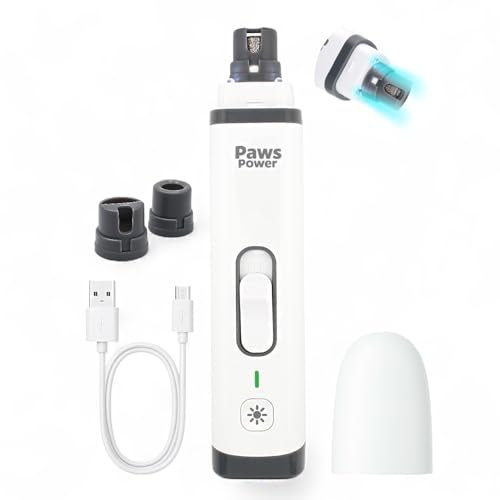 Paws Power Pet Nail Grinder for Dogs and Cats - Super Quiet and Low Vibration Electric Dog Nail Grinder with 2 LED Lights - USB Rechargeable and Cordless - 2 Speeds - Small to Large Pets
