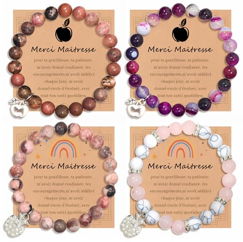 Cadeau Maitresse d'École - Bracelet Femme Personnalisé En Pierre Naturelle avec Merci Maitresse Carte, Cadeau Fin d'Année, Noel