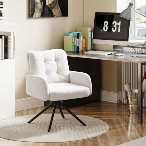 Hadwin Armchair Tub Chair, White Boucle Vanity Chair, Swivel Desk Chairs with Double Cushions and Metal Frame Legs, Non-Slip Feet for Bedroom Living Room Dressing Room