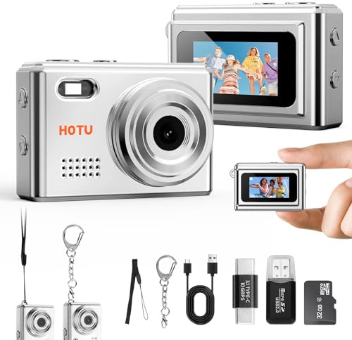 HOTU Mini Keychain Digital Camera, Y2K Pocket-Size Mini Camera, 2MP 1080P SmallCamera with 32GB Card, Video Recorder with Long Battery Life for Travel, Party and Vlog (Silver)